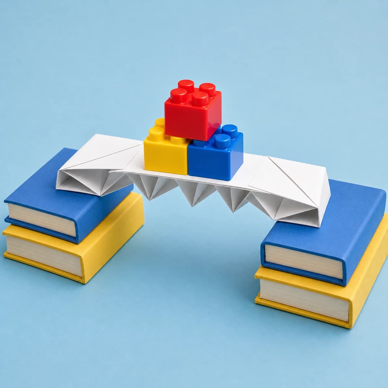 A folded paper bridge supporting a red toy car