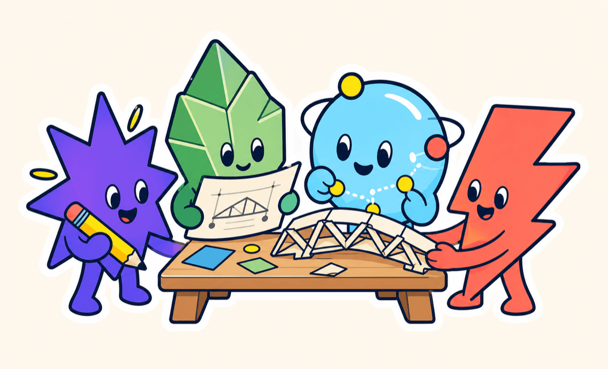 Four friendly BrightWay guides collaborating around a bridge model