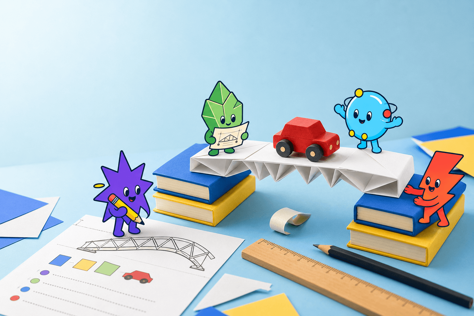 Four friendly BrightWay guides planning and testing a folded paper bridge that supports a red toy car